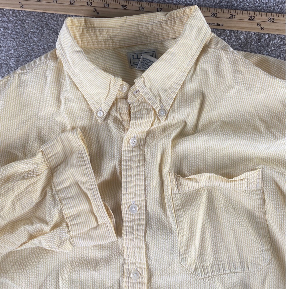 LL Bean Mens XXL Yellow Seersucker Stripe Button Down Shirt Long Sleeve Cotton